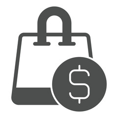 Aufkleber - Shopping bag with dollar coin solid icon, finance concept. Vector graphics. Money coin with customer packet sign on white background, glyph style icon for mobile or web design.