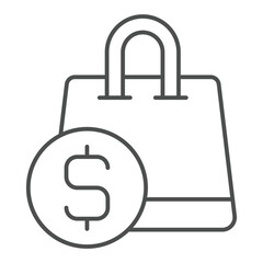 Aufkleber - Shopping bag with dollar coin thin line icon, finance concept. Vector graphics. Money coin with customer packet sign on white background, outline style icon for mobile or web design.