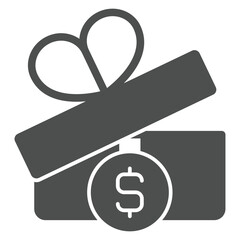 Aufkleber - Gift box with dollar coin solid icon, finance concept. Vector graphics. Paper box with bow and money coin sign on white background, glyph style icon for mobile or web design.