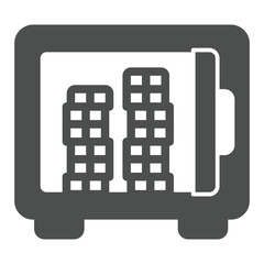 Poster - Safe and coins stacks inside solid icon, banking concept. Vector graphics. Metal steel safe container with money coin sign on white background, glyph style icon for mobile or web design.