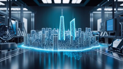 Poster - Futuristic city skyline with illuminated towers in a high-tech laboratory setting