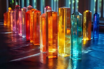 Poster - Colorful glass prisms arranged in rainbow sequence on reflective surface with dramatic lighting creating vibrant spectrum of orange, yellow, blue and green hues.