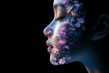 Poster - Female profile silhouette with double exposure effect showing delicate cherry blossoms and glowing light on black background, artistic portrait composition.