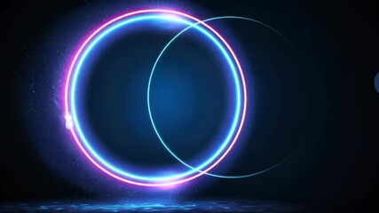 Poster - Glowing neon geometric circle radiating multicolored light, piercing dark emptiness text ethereal illumination and swirling smoke tendrils background Copy space for with video 4k