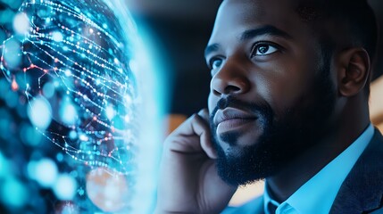 Poster - African American businessman analyzing digital data visualization while on phone call, illuminated by futuristic blue holographic display showing network connections.