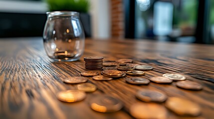 Poster - Scattered coins on wooden table with glass in background, warm lighting creates dramatic shadows and textures. Financial concept showing savings and money.