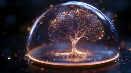 Poster - Glowing tree of life under glass dome with magical sparkles and ethereal light effects creates mystical atmosphere. Concept of protection and growth.
