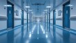 © sandi - Long, empty hospital corridor with blue floors and doors, creating a sterile atmosphere