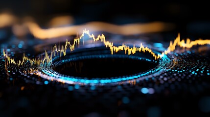 Poster - Glowing financial chart with circular pattern in blue and gold colors showing market data visualization on dark background with bokeh effect.