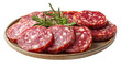 © ประหยัด พลพวก - Salami Feast: Sliced salami arranged artfully on a plate, with a sprig of rosemary adding a touch of freshness.