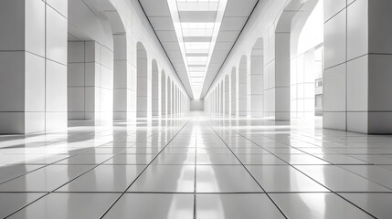 Wall Mural - a long, empty hallway with white walls and white tiles
