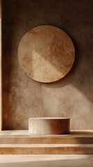 Poster - Textured walls in warm beige tones create a serene backdrop for a simple circular art piece and a cylindrical platform. Soft light highlights the elegant shapes, enhancing the peaceful ambiance