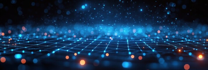 Fototapete - Futuristic Blue Neon Digital Grid Abstract Background