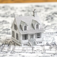 A miniature white house model resting on printed architectural blueprints