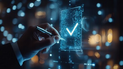 Poster - A business professional using a digital pen to check a verification mark on a futuristic touchscreen interface