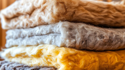 Poster - Soft, textured fabrics in shades of beige, gray, and yellow are neatly stacked, showcasing their cozy appearance and inviting feel