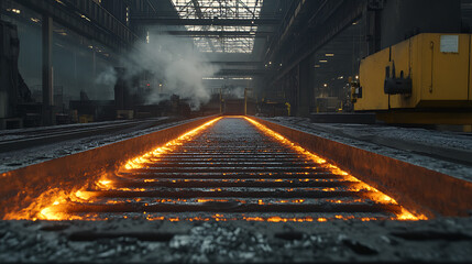 Aufkleber - A vibrant industrial scene showcasing molten metal flowing through a factory, illuminated by ambient light and surrounded by machinery