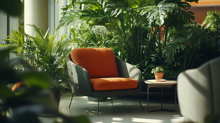 Poster - A cozy seating area surrounded by lush greenery, featuring a stylish orange chair and a small table, creating a tranquil atmosphere