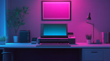Poster - A modern workspace featuring a computer, stylish lamp, and plants, illuminated by purple and blue ambient lighting