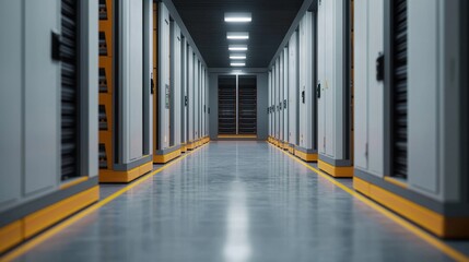  Modern Server Room Interior with Rows of Data Storage Units and Bright Fluorescent Lighting