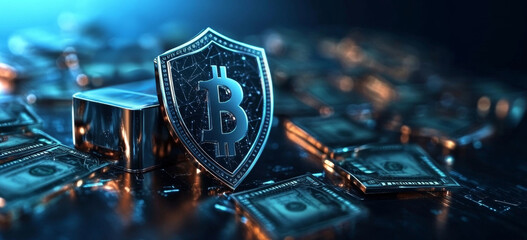Fototapete - A shield featuring Bitcoin symbolizes security and privacy in banking, surrounded by stacks of cash. This highlights the growing importance of digital currency protection in financial transactions.