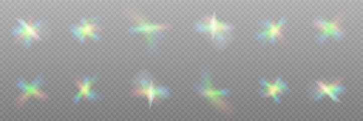 Wall Mural - rainbow crystal light leak flare reflection effect. vector illustration set. colorful optical rainbo