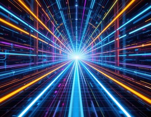 Poster - Dynamic light tunnel experience futuristic environment digital art vibrant colors abstract viewpoint innovative concept