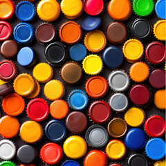 Poster - Artistic arrangement of colorful bottle caps creating vibrant mosaic. This unique composition showcases various shapes and colors, evoking creativity and playfulness