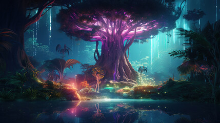 Poster - Neon-lit tree in a mystical jungle with glowing light and vibrant reflections