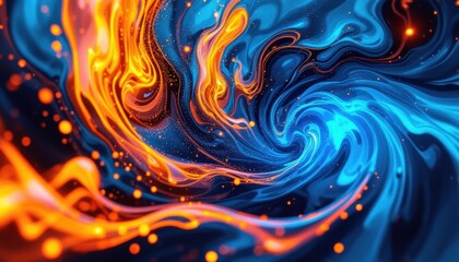 Poster - Fiery orange and cool blue swirling abstract energy waves