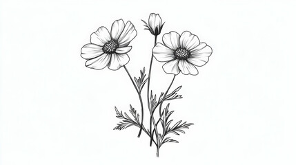 Elegant Cosmos Flowers Line Drawing, White Background, Botanical Illustration, Perfect for Cards