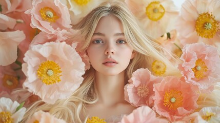 Poster - A young woman with long hair gazes softly at the viewer, surrounded by delicate pink and peach flowers, creating a warm and serene atmosphere