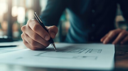 A focused individual sketches design plans on paper at a desk, with a warm, inviting workspace in the background