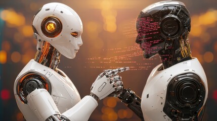Poster - Futuristic Robots Engaging in a Touching Moment of Connection and Communication in a High-Tech Environment