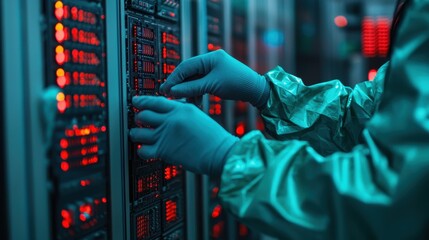 Poster - Data Center Technician Maintaining Server Equipment in Advanced Technology Environment with Neon Lighting