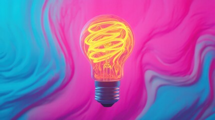 Poster - Colorful Neon Light Bulb with Vibrant Abstract Background in Pink and Blue Hues for Creative Concepts