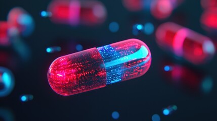 Poster - Colorful Digital Capsule with Neon Lights Floating Above a Dark Background Creating a Futuristic Atmosphere
