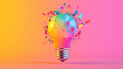 Poster - Vibrant Colorful Light Bulb with Exploding Geometric Shapes on a Gradual Pink and Orange Background