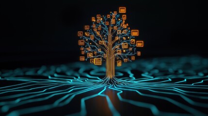 Poster - Digital Tree with Circuit Lines Representing Data and Technology Connections in a Futuristic Setting