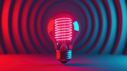 Poster - Unique Retro Neon Lightbulb with Glowing Coil Design in Vibrant Red and Blue Colorful Background