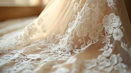 Poster - A close view of exquisite lace fabric adorned with detailed floral designs, warmly illuminated by soft sunlight filtering through a window, creating an intimate atmosphere.