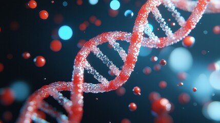 Poster - Red DNA Helix Structure with Blue and Red Particles in Abstract Biological Background