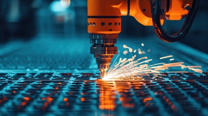 Poster - Precision Laser Cutting Technology in Industrial Manufacturing Process with Sparks and Equipment Detail