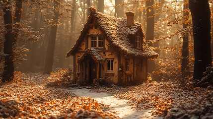 Poster - A quaint, fairy-tale cottage surrounded by a serene forest, illuminated by warm sunlight filtering through autumn foliage