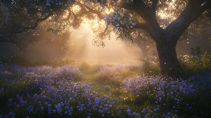 Poster - A serene landscape featuring sunlight filtering through trees, illuminating a field of vibrant purple flowers, creating a tranquil and enchanting atmosphere