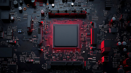 Aufkleber - A close-up view of a computer motherboard featuring intricate circuitry, with a central processing unit highlighted in red against a dark background