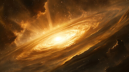 Poster - A stunning cosmic scene featuring a swirling galaxy illuminated by radiant golden light, set against a backdrop of star-filled space