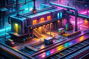 Poster - Isometric Cyberpunk Subway Diorama: Foggy Station with Wires and Pipes