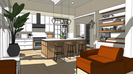 Fototapete - A stylish kitchen interior featuring modern furnishings, an island with seating, and abundant natural light highlighting the minimalist design