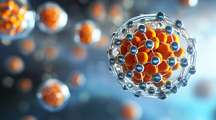 Poster - A detailed depiction of molecular structures, featuring a prominent atom surrounded by subatomic particles in a visually striking, scientific illustration